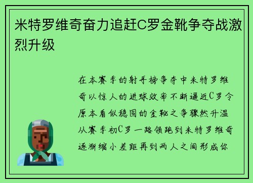 米特罗维奇奋力追赶C罗金靴争夺战激烈升级
